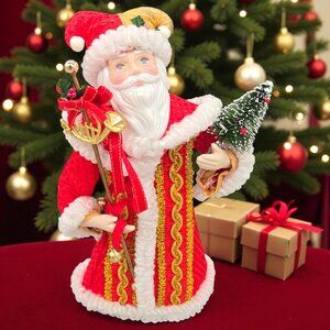 Kurt Adler Santa Claus Christmas Figurine 10" Tree & Staff White Fur Trim Topper